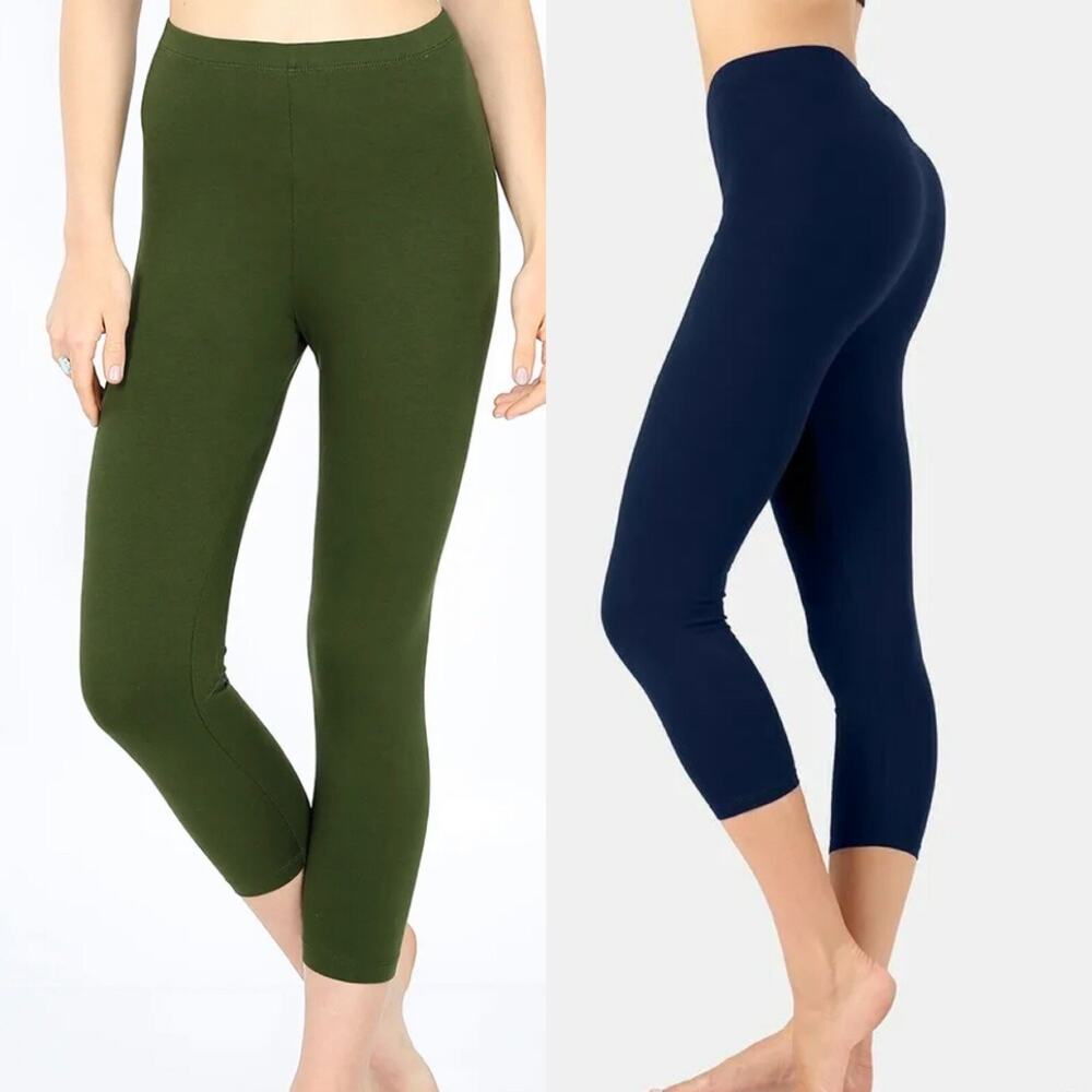 Lot Of 2 Zenana Women Capri 3/4 Length Leggings Cotton Stretch High Waist‎ SMALL